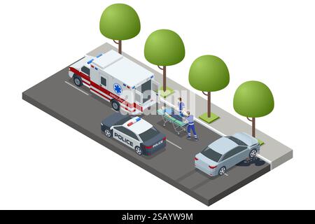 Isometric Car crash, i paramedici assistono un paziente su una barella accanto a un'ambulanza e alla macchina della polizia. La scena è ambientata su una strada con alberi, enfatizzando Illustrazione Vettoriale