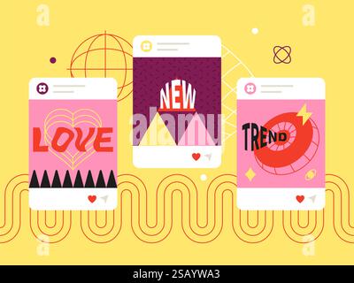 Amore, nuovo post e tendenza: Set di modelli di schermate dei social media Illustrazione Vettoriale