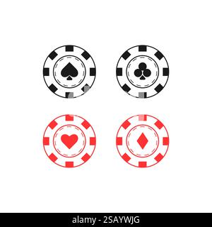Chip da poker con simboli di carte. Picche, club, cuori, diamanti. Casinò, gioco d'azzardo, poker, gioco d'azzardo. Illustrazione vettoriale. Illustrazione Vettoriale
