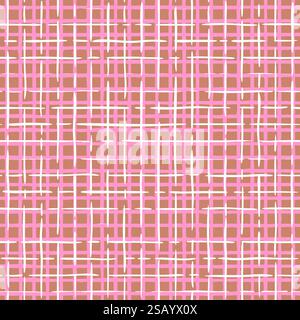 Sfondo a griglia senza cuciture, motivo astratto di linea rosa e bianca su sfondo marrone. Trama vettoriale in lino rosa disegnata a mano, motivo senza cuciture Illustrazione Vettoriale