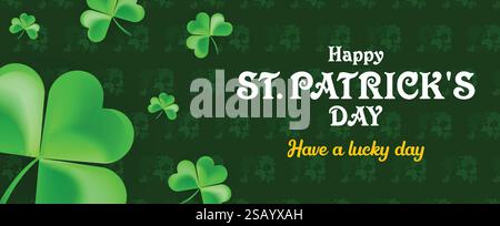 Banner Web per il giorno di San Patrizio con sfondo a foglia di pietra argillosa verde. Happy St. Patrick Day Irish Traditional Holiday Banner, poster, isolato Illustrazione Vettoriale