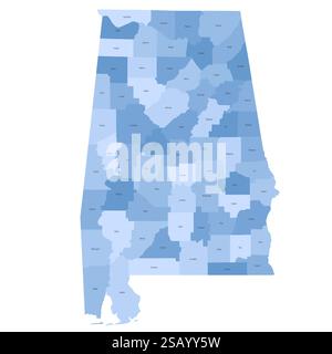 Alabama, AL - Mappa politica dettagliata dello stato degli Stati Uniti. Mappa amministrativa divisa in contee. Mappa blu con le etichette del nome della contea. Illustrazione vettoriale Illustrazione Vettoriale