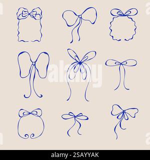 Set di fiocchi alla moda disegnati a mano realizzati con sottili ed eleganti nastri blu su sfondo beige. Illustrazione Vettoriale
