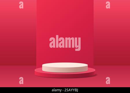 Realistico podio a piedistallo per cilindri 3D rosso e bianco con sfondo a forma di cuore della finestra. Scenografia minimale di San Valentino per la vetrina dei prodotti Illustrazione Vettoriale