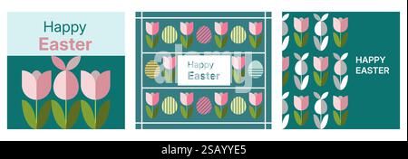 Carte d'arte minimalista geometriche con uova di Pasqua tulipani Illustrazione Vettoriale