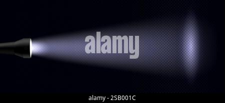 Illuminazione del fascio di torce isolata su sfondo trasparente. Illustrazione vettoriale realistica del fascio luminoso della mano che brilla nelle tenebre, riflettori elettrici sulla superficie, ricerca di indagini Illustrazione Vettoriale