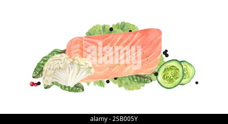 Filetto di salmone acquerello con verdure, peperoni neri, illustrazione delle foglie di insalata sfondo isolato. Trota, cavolfiore, fette di cetriolo Foto Stock