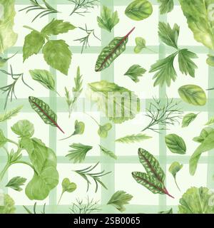Freschissime foglie di microverde con motivo ad acquerello senza cuciture. Basilico viola, foglia di insalata di lattuga, barbabietola, rosmarino, aneto, prezzemolo, erbe aromatiche aromatizzate all'origano Foto Stock