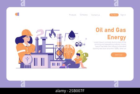 Concetto di energia nel settore petrolio e gas. Un'illustrazione delle operazioni del settore con lavoratori e attrezzature. Produzione di energia e processi di produzione di combustibile. Illustrazione vettoriale. Illustrazione Vettoriale
