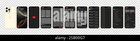 Design YouTube in iPhone 16 Pro. Imposta il modello di interfaccia dei social media e dei social network della schermata YouTube. Homepage, consigli, abbonamenti. Sì Illustrazione Vettoriale