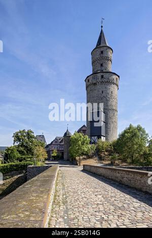 La torre delle streghe, il castello di Idstein, la torre della botte di burro, il ponte anteriore sull'Halsgraben, il centro storico, Idstein, il quartiere Rheingau Taunus, G. Foto Stock