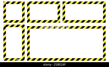 Avvertenza telai quadrati a strisce, avvertenza di prestare attenzione, potenziale pericolo, strisce gialle e nere sulla diagonale. Bordo di avvertimento per i lavori edili. Illustrazione Vettoriale