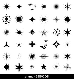 Set vettoriale di stelle magiche retrò isolate su sfondo bianco. Futuristici brillano le forme. Icone di base minimalistiche Illustrazione Vettoriale