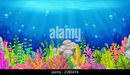 Sfondo di un gioco di cartoni animati, paesaggio subacqueo. Livello sottomarino vettoriale pieno di coralli colorati, rocce e piante marine. La luce del sole scorre attraverso l'acqua cristallina creando una scena serena e magica Illustrazione Vettoriale
