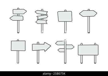Set di insegne in legno, cartellone bianco realistico sulla strada per la direzione di puntamento Illustrazione Vettoriale