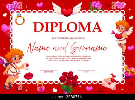 Certificato di San Valentino con cherubini e cuori. Affascinante modello di layout vettoriale cartoni animati con cupidi, rose, cuori, anelli, decorazioni a tema amore ed elementi romantici sul bordo rosso Illustrazione Vettoriale