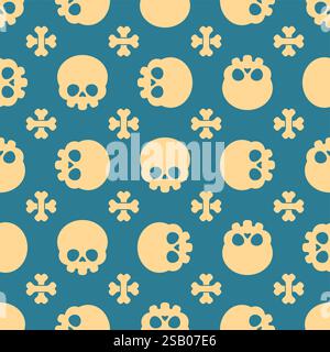 Grazioso motivo Cartoon Skull senza cuciture. Kawaii Skeleton Head background. Ornamento di tessuto per bambini Illustrazione Vettoriale