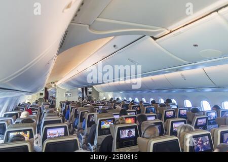 Aereo aereo Etihad, interni, file di posti con passeggeri. Boeing 787 su un volo per Monaco. Abu Dhabi, Emirati Arabi Uniti, Emirati Arabi Uniti, Asi Foto Stock