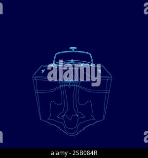 L'imbarcazione blu è mostrata nel profilo. L'imbarcazione viene mostrata dalla vista frontale ed è molto dettagliata Illustrazione Vettoriale