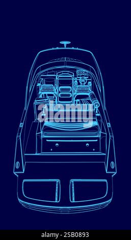 Profilo blu della barca. L'imbarcazione viene mostrata dalla vista posteriore Illustrazione Vettoriale