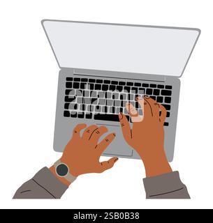 Mani maschili sulla vista superiore del notebook Illustrazione Vettoriale