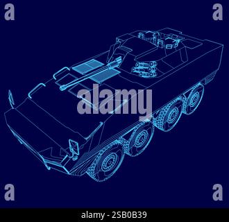 Disegno blu di un carro armato con una pistola sopra. Il serbatoio è mostrato in blu Illustrazione Vettoriale