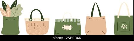 I sacchetti di carta riempiono i prodotti alimentari del supermercato o del mercato agricolo. Imballaggio di verdure, verdure e tessuti a zero rifiuti per un de ecologico Illustrazione Vettoriale