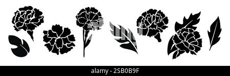 Set di fiori di garofano, lascia silhouette nere Illustrazione Vettoriale