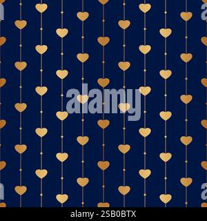 Motivo a cuore senza cuciture. Cuori d'oro ripetuti su sfondo blu. Ama il design. Carta regalo per stampe. Ripetizione del focolare dorato. Paterna moderna. Matrimonio Illustrazione Vettoriale