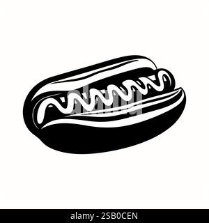 Salsiccia hot dog silhouette con senape nel panino. Simbolo del vettore del fast food isolato su sfondo bianco. Illustrazione vettoriale Illustrazione Vettoriale