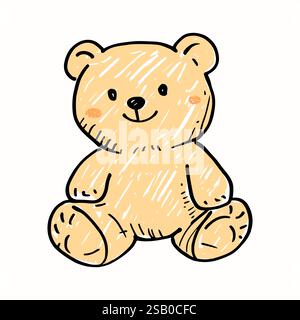 Giocattolo per bambini con orsacchiotto disegnato a mano. Simbolo della felice infanzia. Graziosa illustrazione vettoriale del doodle isolata sullo sfondo Illustrazione Vettoriale