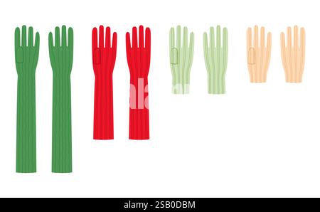 Set di guanti in lana intrecciata gomito lunghezza polso corta indumento per illustrazioni tecniche. Vista posteriore del palmo frontale vettoriale per uomo modello piatto da donna modello CAD Illustrazione Vettoriale