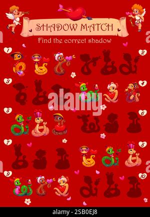 Foglio di lavoro del gioco Shadow Match con serpenti diurni valentini. Puzzle per bambini con simpatici serpenti che reggono cuori, rose o regali su sfondo rosso con decorazioni romantiche e cherubini Illustrazione Vettoriale