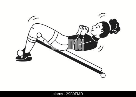 Donna esegue sit up su icona lineare di banco declino. La donna sportiva si impegna in allenamento fitness doodle personaggio doodle illustrazioni sottili Illustrazione Vettoriale