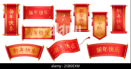 L'antico cinese scorre le icone di colori realistici. Iscrizione a scorrimento “felice anno nuovo!”. Red Asian hand-scroll con Prosperity Wishes 3d Objects Bun Illustrazione Vettoriale