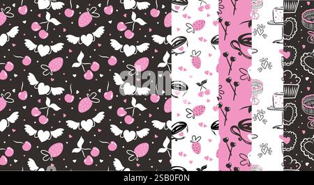 Set di fantasie senza cuciture per San Valentino. Design disegnato a mano con cuori, ciliegie, torte, bicchieri e biscotti. Illustrazione Vettoriale