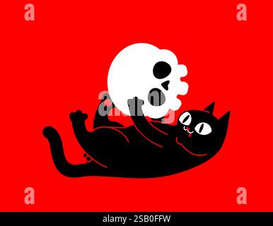 Il gatto gioca con il cranio. Testa di gatto e scheletro. Illustrazione Vettoriale