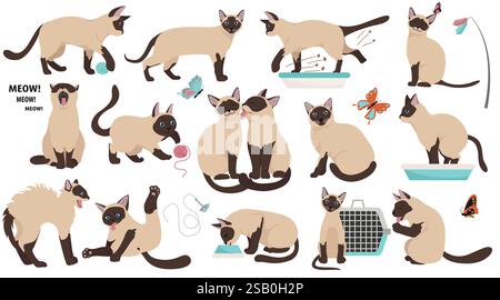 Cartoon cat raccolta di caratteri. Diversi gatto pone, yoga e di emozioni. Schermo piatto a colori e stile semplice design. Illustrazione Vettoriale Illustrazione Vettoriale