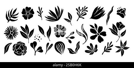 Set di silhouette astratte di fiori e foglie. Illustrazione Vettoriale