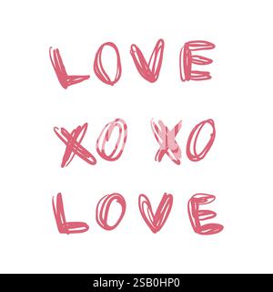 XO frase peachy disegnata a mano. Set di segni di baci, lettere d'amore. Tratto del pennello con il simbolo XO Kiss. Poster di auguri di San Valentino, cartolina, Web, banner Illustrazione Vettoriale