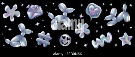 set di adesivi olografici 3d retro 90. Chrome Ballon Dog, hashtag, Like, Star, Daisy Flowers, sorridi in stile Y2K isolato sul nero. Estetica galassia del futuro, grafica 3D cromata a bolle. Arte lucida in metallo. Illustrazione Vettoriale