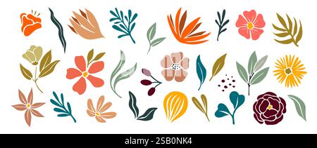 Set di forme disegnate a mano ed elementi vettoriali floreali. Illustrazione Vettoriale