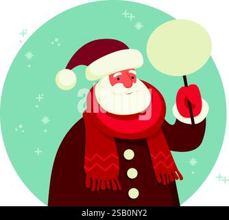 Divertente personaggio di Babbo Natale con un cartello vuoto sul bastone. Illustrazione vettoriale piatta Illustrazione Vettoriale