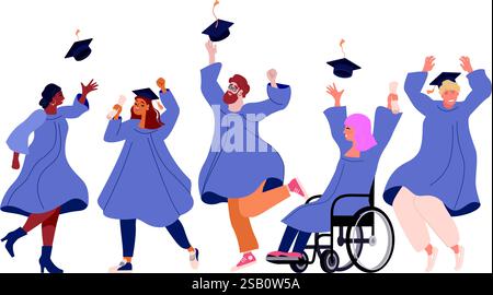 Gruppo di studenti laureati felici che indossano un abito accademico, un abito o un abito e un berretto per la laurea. Giovani che celebrano la laurea. FLA Illustrazione Vettoriale