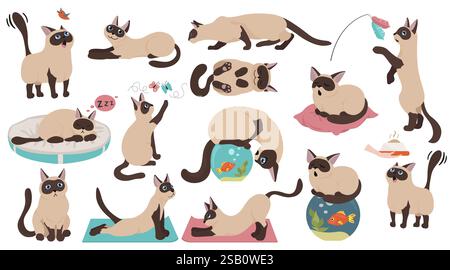 Cartoon cat raccolta di caratteri. Diversi gatto pone, yoga e di emozioni. Schermo piatto a colori e stile semplice design. Illustrazione Vettoriale Illustrazione Vettoriale