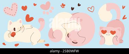 Simpatici gatti innamorati su sfondo azzurro. Illustrazione vettoriale di animali domestici in stile kawaii che guardano con gli occhi del cuore, abbracciano, flirtano con il fiore in bocca, motivo senza cuciture per San Valentino Illustrazione Vettoriale