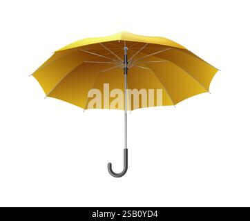 Apri l'ombrello giallo con impugnatura nera realistica illustrazione vettoriale. Accessorio che rappresenta un oggetto 3d di sicurezza su sfondo bianco Illustrazione Vettoriale