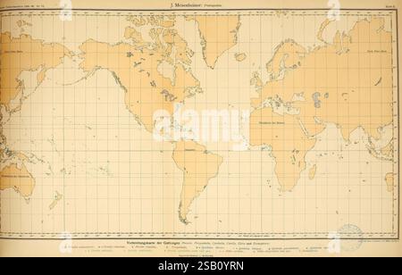 Wissenschaftliche Ergebnisse der Deutschen Tiefsee-Expedition auf dem Dampfer 'Valdivia' 1898-1899 Jena, G. Fischer, 1902-40. Deutsche Tiefsee-Expedition 1898-1899 Marine Animals Scientific Expeditions Valdivia Ship Voyages Around the World Pteropoda Sea Snails Sea Slugs, Una mappa dettagliata del mondo con vari continenti e regioni oceaniche delineata con una griglia che fornisce una chiara rappresentazione dei confini geografici. La mappa include annotazioni in più lingue, che indicano varie caratteristiche geografiche e aree degne di nota. Regioni come Nord America, Sud America, Europa, Africa, Foto Stock