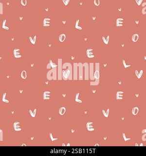 Cuori d'amore bianchi, lettere su sfondo rosa piccante. Disegno a mano astratto e senza cuciture. Disegna la carta da parati Illustrazione Vettoriale