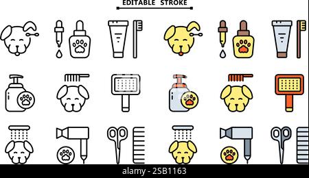 Set di icone per il salone di cura degli animali domestici. Traccia modificabile. Prendersi cura di cani e gatti. Servizi veterinari. Icone vettoriali semplici per ui e ux, sito Web o mobi Illustrazione Vettoriale